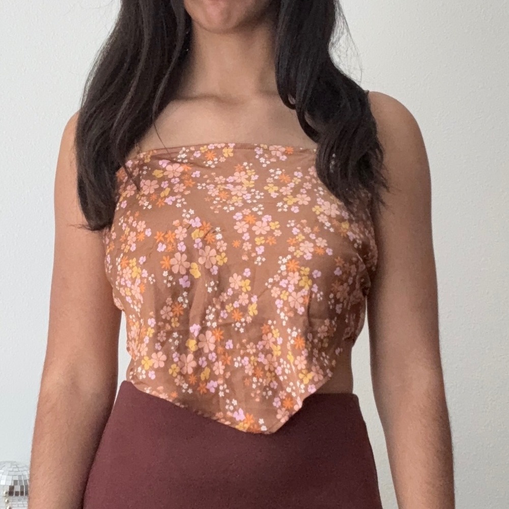 Pink Rose Brown Floral Handkerchief Crop Top Tie Back Satin PS2W11386 L